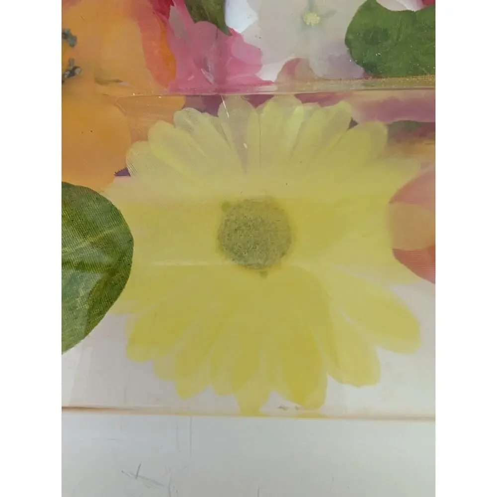 Vintage Acrylic Lucite Tray With Multicolored Flowers 12” X 10” Vintage Summer